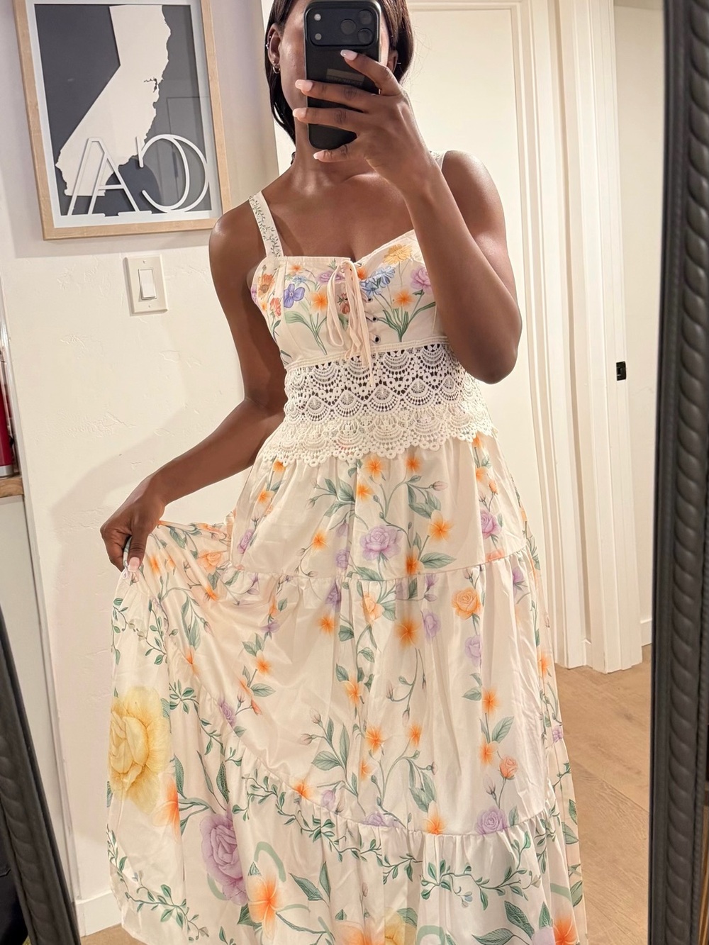 SHEIN Cream Floral Lace-Trim Maxi Dress